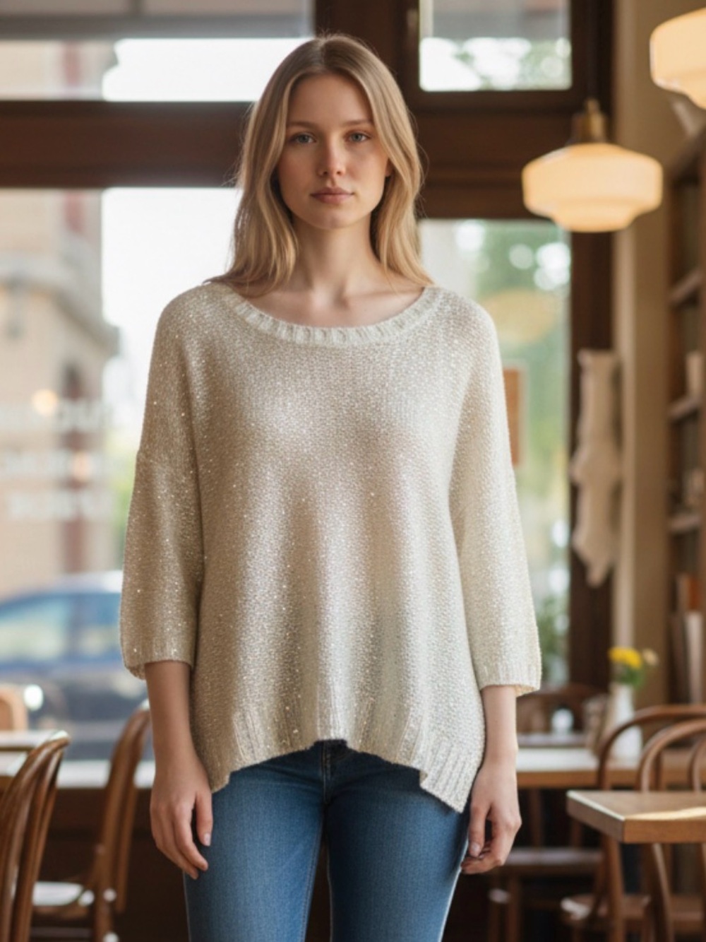 KIKIT Women's White Sparkle Knit Sweater - Lightweight Cozy Pullover Xl